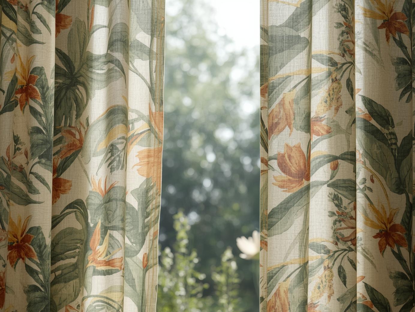 Botanical print curtains in natural setting