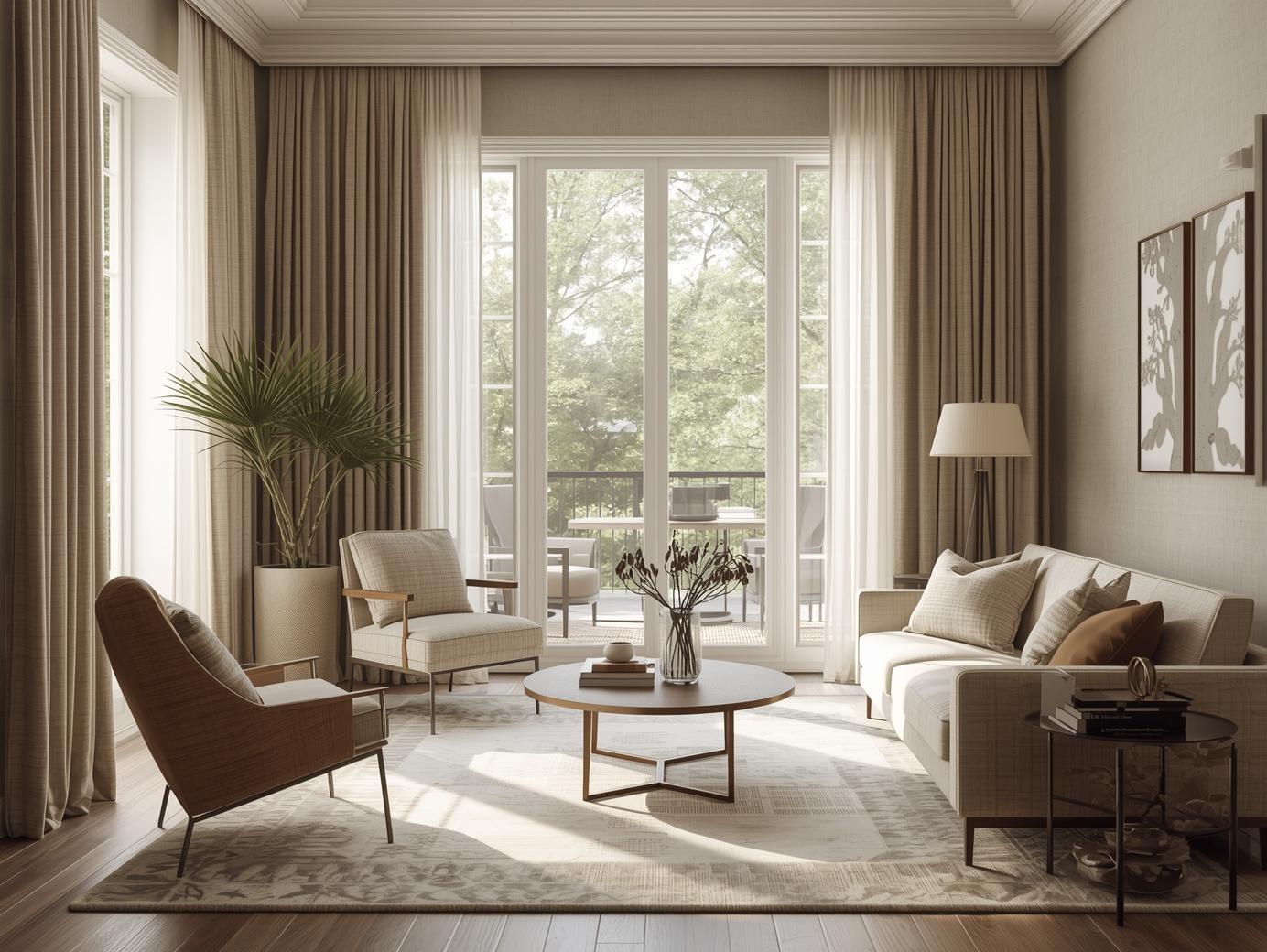 Stylish living room with natural curtains